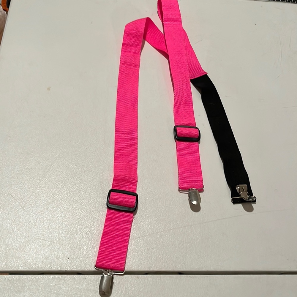 Barbiecore pink suspenders adjustable with black elastic sliver hardware